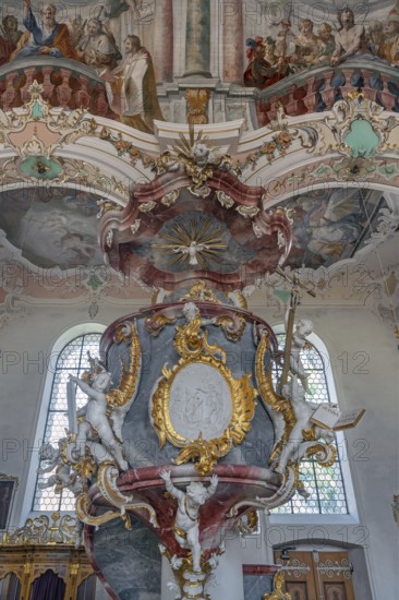 Church of St Gallus and Ulrich, the pulpit with frescoes, Kisslegg, Allgäu, Baden-Württemberg,