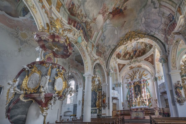 Church of St Gallus and Ulrich, pulpit, high altar and ceiling frescoes, Kisslegg, Allgäu,