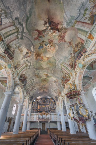 Church of St Gallus and Ulrich, nave with organ loft and ceiling frescoes, Kisslegg, Allgäu,