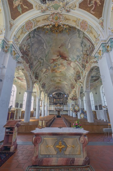 Church of St Gallus and Ulrich, nave with organ loft and ceiling frescoes, Kisslegg, Allgäu,