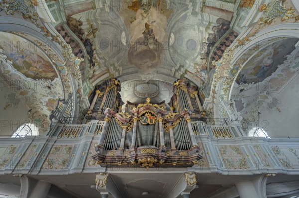 Church of St Gallus and Ulrich, the organ loft with ceiling frescoes, Kisslegg, Allgäu,