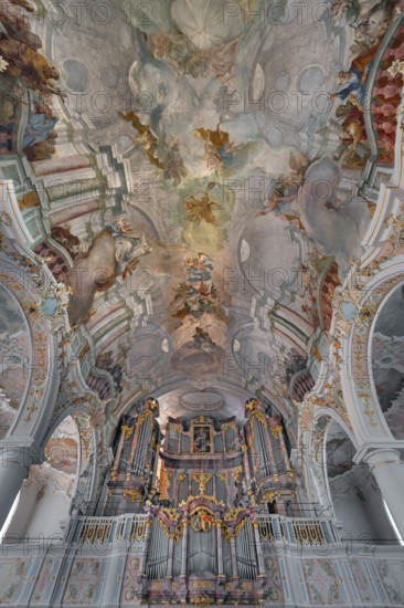 Church of St Gallus and Ulrich, the organ loft with ceiling frescoes, Kisslegg, Allgäu,