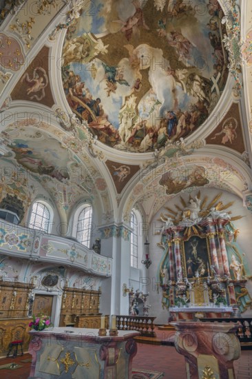 Church of St Gallus and Ulrich, side gallery, main altar, choir stalls and ceiling frescoes,