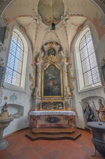 Church of St Gallus and Ulrich, side altar with the relic of St Severinus, Kisslegg, Allgäu,