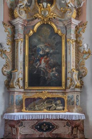Church of St Gallus and Ulrich, side altar with the relic of St Severinus, Kisslegg, Allgäu,