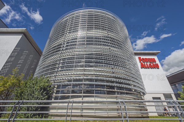 Blue sky, white clouds over the round car park of the Forum Allgäu, Kempten, Allgäu, Swabia,