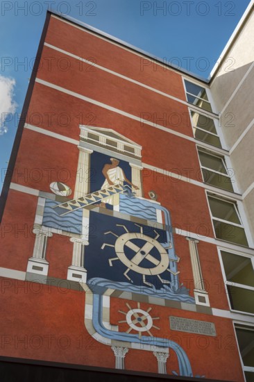 Blue sky, wall fresco with Archimedes the developer of the Archimedean screw and others, Kempten,