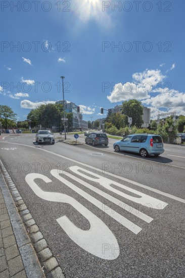 BUS letters, bus lane on asphalt, Bahnhofstraße, Kempten, Allgäu, Swabia, Germany