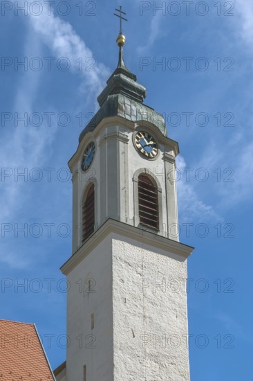 Church tower with clock and sound windows, Church of St Gallus and Ulrich, Kisslegg, Allgäu,