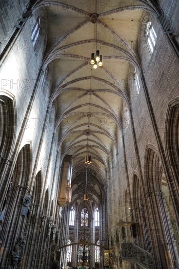 High Gothic church ceiling with vaults and elegant play of light, St. Lawrence Church, Nuremberg,