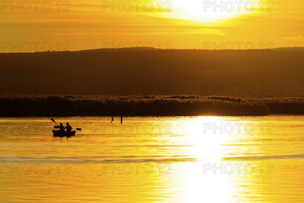Lake Neusiedl, Burgenland, Austria, Europe, Canoeists on reflecting water in front of a shining,