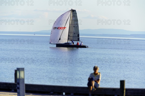 Lake Neusiedl, Burgenland, Austria, Europe, A boy sits on a jetty and watches a catamaran sailing