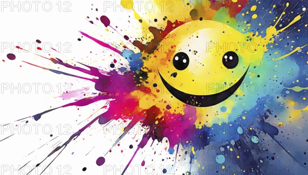Ideographic theme showing a smiley face in multicolored vibrant splashy ambiance. AI generated