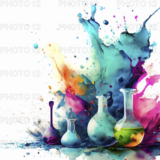Science theme showing laboratory glassware in multicolored vibrant splashy ambiance. AI generated
