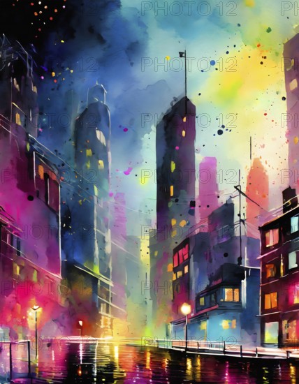 AI generated image showing the colorful illuminated impression of a big city at evening time,