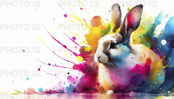 Pet and animal theme showing a rabbit in multicolored vibrant splashy ambiance. AI generated image