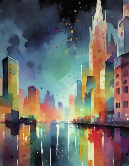 AI generated image showing the colorful waterside impression of a big city, watercolor style with