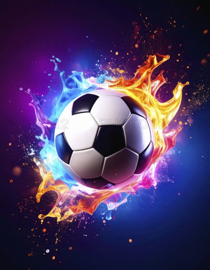 Football in flashy ambiance. AI illustration with light effects and fiery liquid splashes, AI