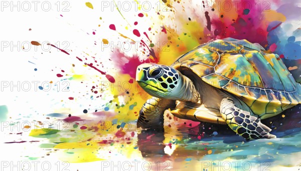 Animal and wildlife theme showing a sea turtle in multicolored vibrant splashy ambiance. AI