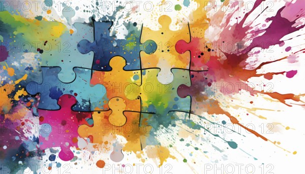 Matching theme showing puzzle pieces in multicolored vibrant splashy ambiance. AI generated image