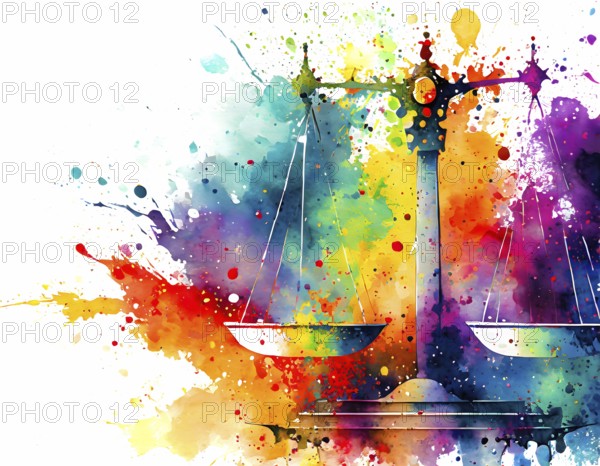 Justice and equity theme showing a weighing scale in multicolored vibrant splashy ambiance. AI