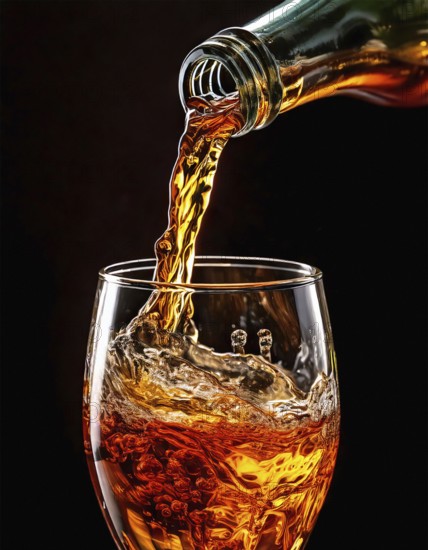 AI-generated close-up image showing a bottle from which a clear drink is poured into a glass, AI