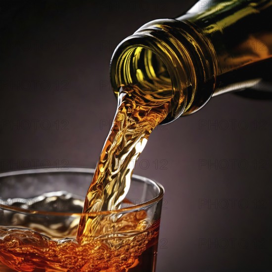 AI-generated close-up image showing a bottle from which a clear drink is poured into a glass, AI