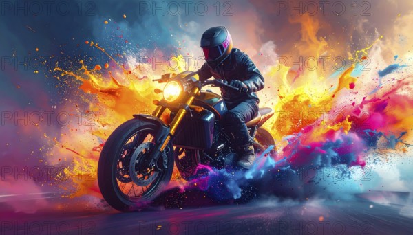 Ai generated image showing a driving motorcyclist on the road. AI illustration with light effects