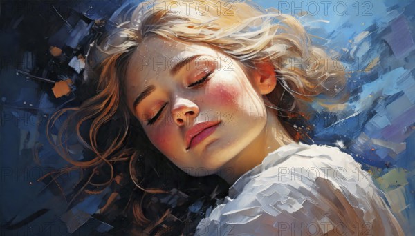 AI generated image showing the portrait of a painted young woman while dreaming with closed eyes