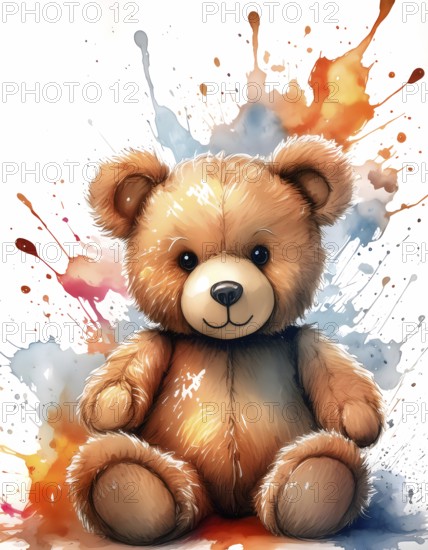 Toy and childhood theme showing a cute brown Teddy bear sitting in multicolored vibrant splashy