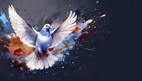 Animal, birds and wildlife theme showing a flying dove in multicolored vibrant splashy ambiance. AI