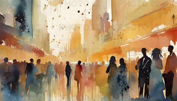 AI generated image showing a bright illuminated downtown party, watercolor style with splashes and