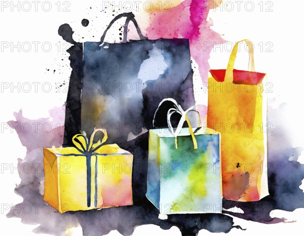 AI generated image showing some colorful presents and bags, watercolor style with splashes and