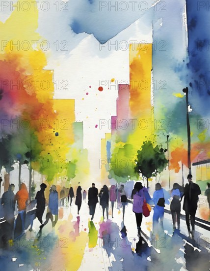 AI generated lifestyle theme showing an urban street scenery with lots of people in multicolored