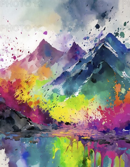Nature and traveling theme showing a mountain range in multicolored vibrant splashy ambiance. AI