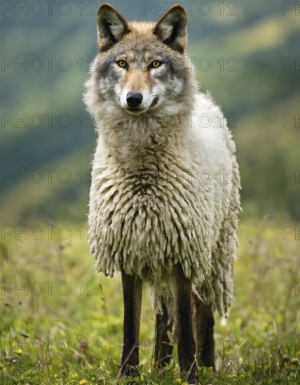 Wolf looking like a sheep, based on the proverb Wolf in sheep's clothing, it warns against