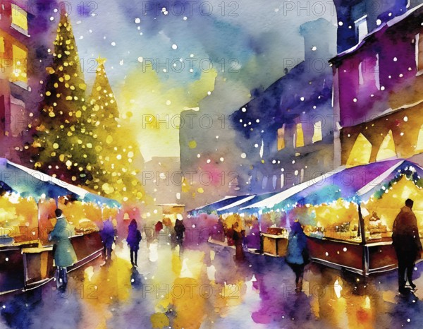 AI generated image showing a bright colorful illuminated christmas market in a city, watercolor