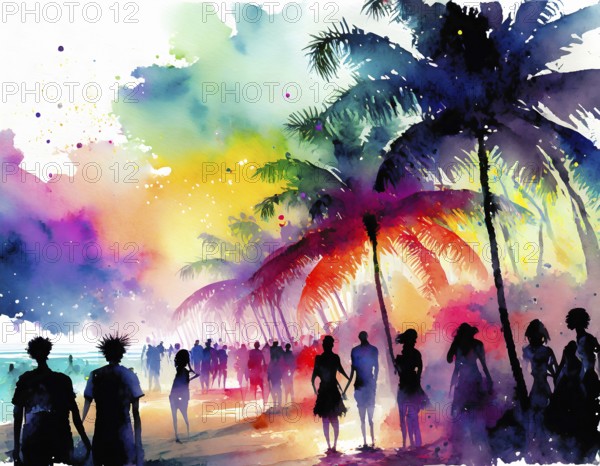 AI generated image showing a colorful illuminated beach party with palm trees at evening time,