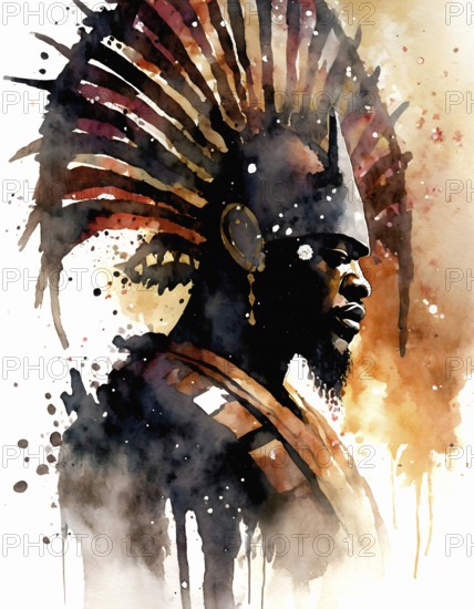 AI generated image showing the portrait of an african warrior with exotic headdress, watercolor