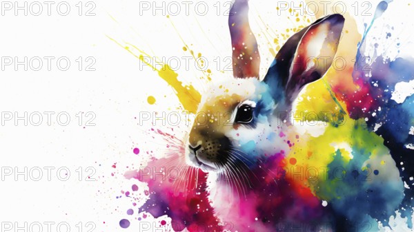 Pet and animal theme showing a rabbit in multicolored vibrant splashy ambiance. AI generated image
