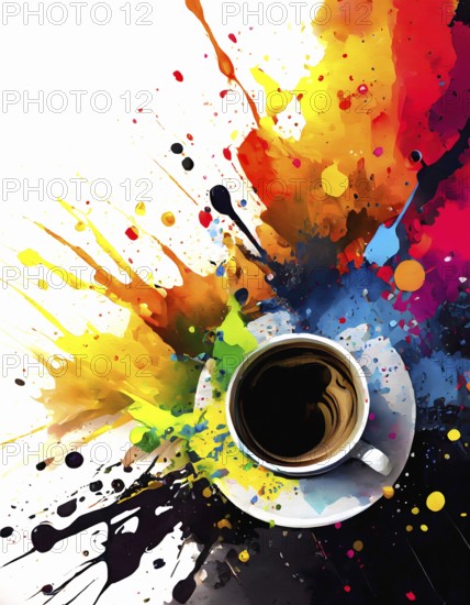 Consumption theme showing a cup of coffee in multicolored vibrant splashy ambiance. AI generated