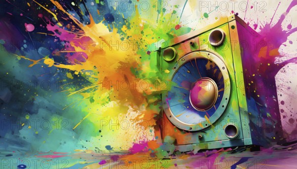 Music and sound theme showing a loudspeaker in multicolored vibrant splashy ambiance. AI generated