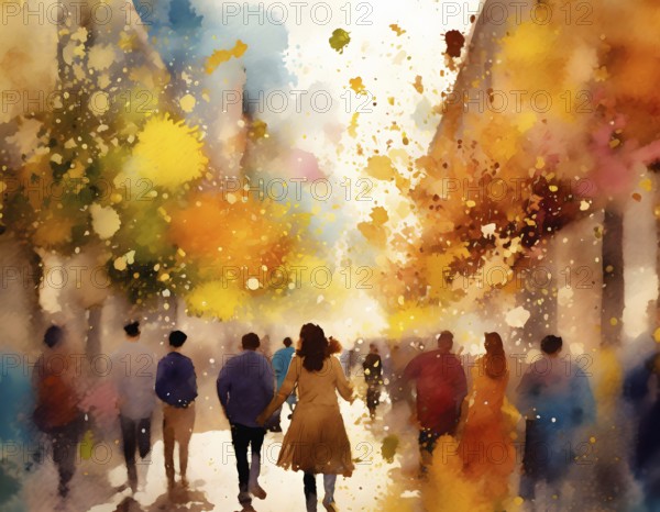 AI generated lifestyle theme showing a street scenery with lots of people at autumn time in