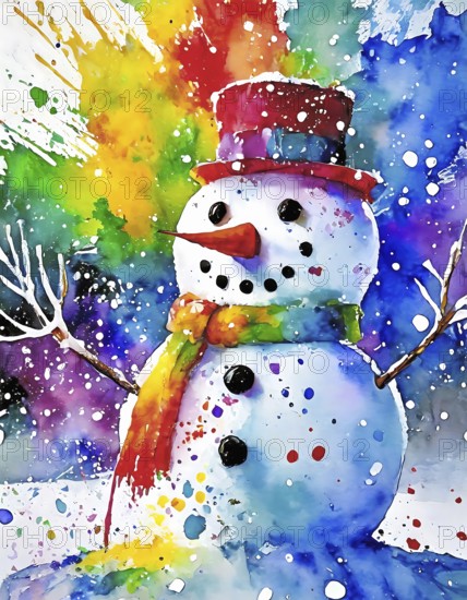 Seasonal and winter theme showing a snowman in multicolored vibrant splashy ambiance. AI generated