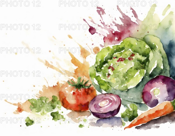 AI generated image showing some raw fruit and vegetables in light back, watercolor style with