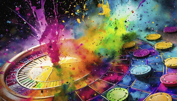 Gambling theme showing a roulette wheel and jetons in multicolored vibrant splashy ambiance. AI