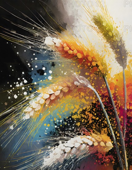 Food and agricultural theme showing some barley ears in multicolored vibrant splashy ambiance. AI