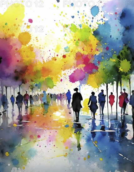 AI generated urban theme showing a wet street scenery with lots of people in multicolored vibrant