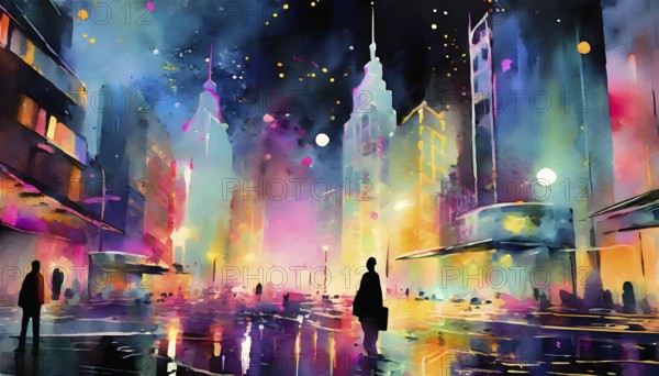 AI generated image showing the colorful illuminated impression of a big city at night, watercolor