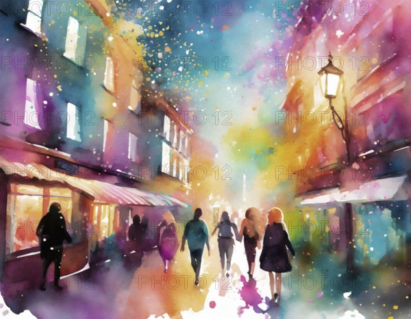 AI generated image showing a vivid illuminated city scenery, watercolor style with splashes and
